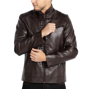 <b>Men's</b> PU Leather Moto Jacket Stand Collar Zipper Closure Solid Color Regular Fit Autumn Wear - Product Image 2