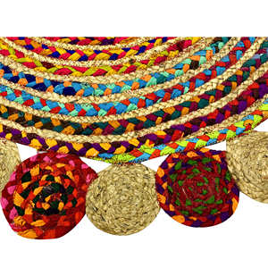Alfombra Redonda Delgada de Yute Chindi Hecha a Mano con Diseño Boho de Retazos, Borde Trenzado en Espiral y Festoneado para el Hogar, Fácil de Limpiar - Product Image 4