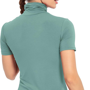 Haut décontracté à col roulé et manches courtes pour femme, en jersey uni, coupe classique, respirant, en coton biologique, été, avec logo vert - Product Image 5