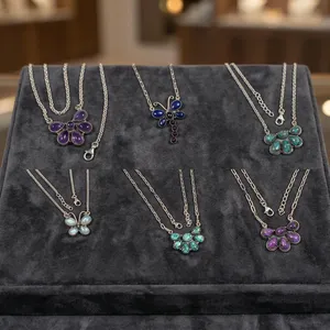 Ensemble de 6 colliers pendentifs en argent sterling 925 avec pierres précieuses colorées, design floral, bijoux en gros pour femmes - Product Image 3