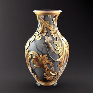 Vase élancé en acajou foncé avec des gravures de pivoines dorées s'étalant sur toute la surface. Sofistication classique disponible à prix de gros. - Product Image 2