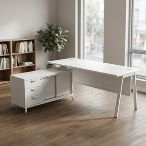 Système de bureau AY, bureau de travail moderne et durable en blanc, armoire de rangement autoportante pour bureau à domicile, design minimaliste, structure en métal - Product Image 1