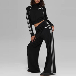 Women's <b>Black</b> 2 Piece Sporty Set Full Sleeve <b>Turtleneck</b> Zip Up Top Wide Leg Sweatpants With Side Stripes Loose Fit All Seasons - Product Image 5