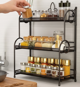 Cabinet Spice <b>Rack</b> 3 Tier Iron Storage <b>Shelves</b> Holder and <b>Rack</b> Black Color Vintage Design Kitchenware And Home Multipurpose - Product Image 4