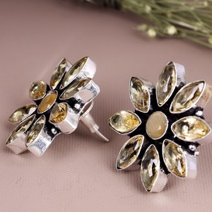 <b>Crystal</b> Rhinestone Bezel Setting <b>Stud</b> <b>Earrings</b> Brass Antique Silver Plated Flower Bohemian Style Women's Wholesale Bulk Supplier - Product Image 4