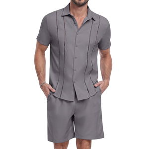 Men's <b>Short</b> <b>Sleeve</b> <b>Button</b> <b>up</b> <b>Shirt</b> And <b>Shorts</b> Set Solid Color Casual Summer Outfit Turn Down Collar Polyester Satin Fabric - Product Image 3