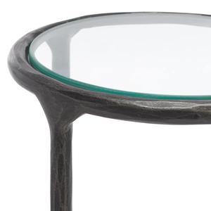 Mesa Auxiliar Artesanal con Textura Decorativa, Tapa Redonda de Vidrio, Marco Esculpido y Soporte Cruzado, Mesa Lateral Compacta y Estable para Bares - Product Image 3