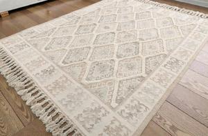 Alfombra de Yute y Lana Hecha a Mano con Patrón Abstracto, Ecológica, de Pelo Corto, Color Beige Natural, con Borlas - Product Image 2