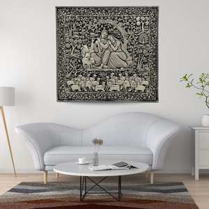 Nouvelle Arrivée : Art Mural Métallique Gravé Traditionnel Rectangulaire Radha Krishna Vaches, Décoration Murale Faite à la Main avec Cadre Argenté Antique - Product Image 1