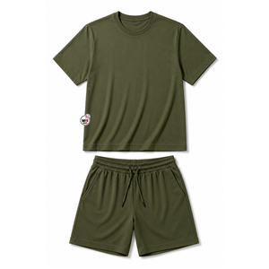 Wholesale Solid Color Mens Olive Green Casual Crew Neck <b>T</b>-<b>Shirt</b> And Shorts Set Quick Dry Knitted Fabric Summer Wear Eco-Friendly - Product Image 1