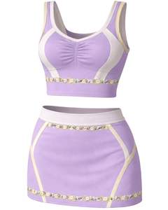 Manufacturer Women Lavender Two Piece Skirt <b>Set</b> Floral Trim Sleeveless Crop Top High Waist Mini Skirt Soft Stretch Outfit - Product Image 1