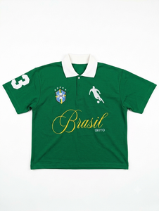Chemise de football décontractée pour homme en coton uni vert rétro, manches courtes, tricotée, col contrasté, broderie, patch brodé - Product Image 1
