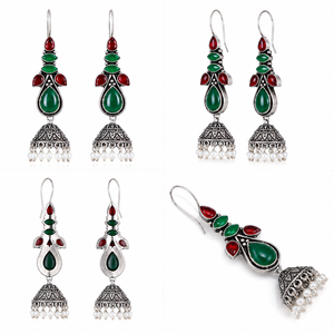 Oxidized <b>Silver</b> Multi Color Gemstone Indian <b>Dangle</b> Jhumka <b>Earrings</b> for Women Bulk Supplier - Product Image 5