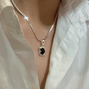 S925 sterling silver Korean minority design black agate simple square pendant Korean fashion <b>ring</b> collar chain - Product Image 3