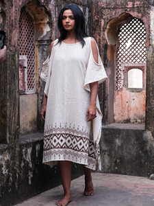 Elegant Handwoven Off-<b>White</b> Khadi Cotton Kaftan Dress for Women featuring Trendy Cold-Shoulder Cutouts Boho-Chic Kimono Sleeves - Product Image 4