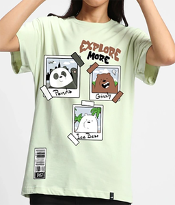 Camiseta Estampada We Bare Bears para Mujer, Cuello Redondo, Manga Corta, Corte Holgado Informal, 100% Algodón, Diseño de Personajes de Primavera/Verano - Product Image 1