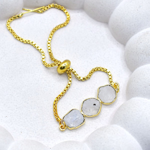 Raw Moonstone Gemstone Triple Stone <b>Bracelet</b> <b>Gold</b> Plated <b>Adjustable</b> Slider Handmade Dainty June Birthstone Jewelry Gift - Product Image 2