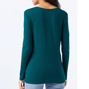 Camiseta de Manga Larga para Mujer, Primavera-Verano, Corte Ajustado, Informal, 100% Algodón Jersey, Transpirable, Cuello Redondo, Color Liso - Product Image 4