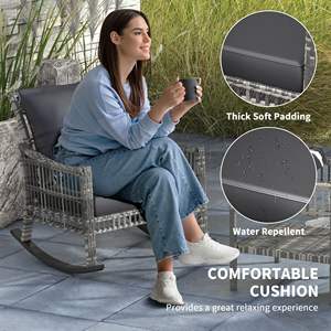 Sedia a dondolo in 3 pezzi grigia da esterno in Rattan con piano in vetro temperato per uso giardino - Product Image 6