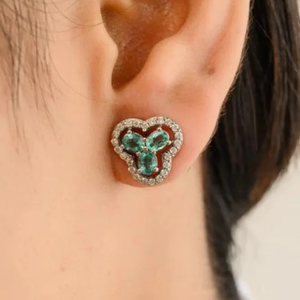 14K White Gold Roman Style for Trinity Emerald Halo Diamond Stud Earrings - Product Image 1