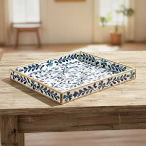 Handmade Bone Inlay Serving Tray, Blue Floral Decorative Tray, Wooden Ottoman Tray, <b>Coffee</b> <b>Table</b> Organizer, Vanity Display Tray - Product Image 2