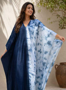 Trendy Women Navy Blue Tie Dye V Neck Bohemian <b>Kaftan</b> Maxi Dress 100% Cotton Woven Eco-Friendly Modern <b>Summer</b> Beach Wear Resort - Product Image 4