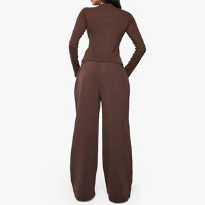 High Quality Women's Two Piece <b>Knitted</b> <b>Set</b> Turtleneck Long Sleeve Top Wide Leg Pants Solid Color Loose Fit All Seasons Casual - Product Image 2