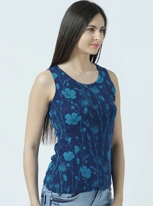 Camiseta sin mangas con estampado floral para mujer, cuello redondo, informal, de punto, de algodón, azul - Product Image 1