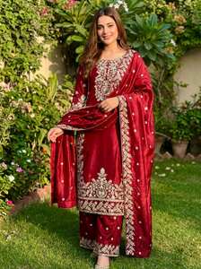Ensemble de costume palazzo en soie pure Gmy avec broderie lourde de sequins et dupatta à bordure en dentelle, entièrement cousu, tenue de soirée ethnique pour femmes - Product Image 3