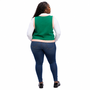 Women's Green Knit Sleeveless <b>Cardigan</b> Contrast Color <b>Button</b> Front V-Neck Casual Top Regular Length Solid Pattern - Product Image 2