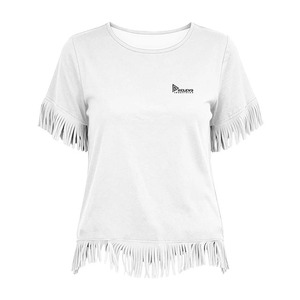 Camiseta de manga corta para mujer de alta calidad con dobladillo y puños con flecos blancos, top informal de algodón tejido con cuello redondo para verano. - Product Image 4