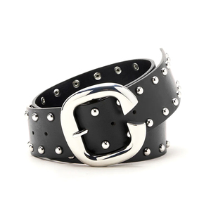 Ceinture en cuir noir cloutée pour femme, style tendance, ceinture haute taille avec boucle argentée, accessoire de mode le plus vendu - Product Image 1