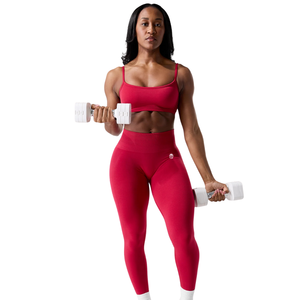 เลกกิ้งไร้ตะเข็บเอวกลางสำหรับผู้หญิง สีแดงสด ยืดหยุ่นสูง เหมาะสำหรับโยคะ ออกกำลังกาย ฟิตเนส กระชับหน้าท้อง ชุดออกกำลังกาย ชุดลำลอง ใส่ได้ทุกวัน ทรงพอดีตัว เนื้อผ้านุ่ม - Product Image 1