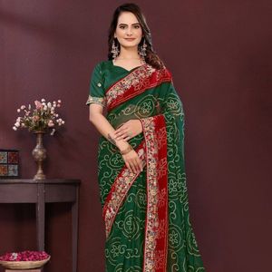 Nuevo lanzamiento: Saree de diseñador Bandhej Georgette con bordado C-Pallu y blusa ricamente bordada de secado rápido, estilo tradicional real para mujer. - Product Image 3