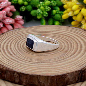 925 Sterling <b>Silver</b> Rectangular Cut Blue Sapphire Bezel Setting <b>Ring</b> for <b>Men</b> Classic Style Unisex Wedding Party Everyday Wear - Product Image 6