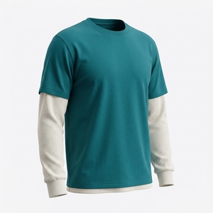 เสื้อยืดแขนยาวผู้ชาย สีเขียวอมฟ้า คอกลม ลำลอง ผ้าถัก 100% คอตตอน ทรงโอเวอร์ไซส์ ตัดต่อสีแบบกำหนดเองได้ - Product Image 3