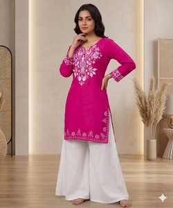 Kurta Rosa Vintage de Rayón Bordado con Pantalones Palazzo Blancos para Mujer, Estilo Holgado para Fiesta, India Pakistán SALASAR 85288 - Product Image 2