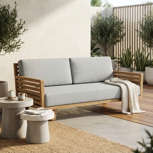Premium wooden sunrise double <b>sofa</b> minimalist solid teak <b>wood</b> living room two seater couch grey light blue cushion seating units - Product Image 3