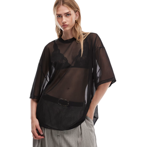 Blusa transparente de manga ancha para mujer, cuello redondo, ajuste holgado, top transparente con dobladillo curvo, camisa lisa para superpuesta, ropa con etiqueta personalizada - Product Image 1