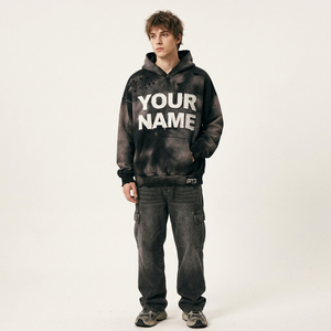 Sudadera con Capucha Negra para Hombre, Estilo Acid Wash, con Aplique de Letras Personalizadas, Sudadera Informal con Efecto Desgastado - Product Image 6