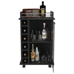 Carrello Bar a Due Ripiani Baltimore, Finitura Nero Wengue con Porta in Vetro, Sei Scomparti per Vino, per Set di Servizio Bevande - Product Image 2