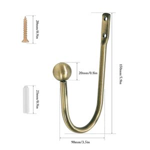 Antique Brass U-Shape <b>Curtain</b> Holdbacks <b>Wall</b> Hooks with Ball End Strong Double Hole Fixing - Product Image 2