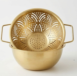 Juego de coladores de metal de doble capa dorados con asas, colador de alimentos de metal hecho a medida, utensilio de cocina - Product Image 4