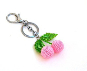 Fruit Cherry Shape Cute Beaded Rhinestone <b>Keychain</b> For Bags Charm <b>Custom</b> Seed Beads Embroidery Key Chain BY MULTI CRAFT - Product Image 2