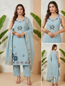 Embroidered Roman <b>Silk</b> Indian Pakistani Anarkali Salwar Kameez Set Sleeveless Neck Floral Cutwork Women's <b>Kurta</b> Palazzo Party - Product Image 4