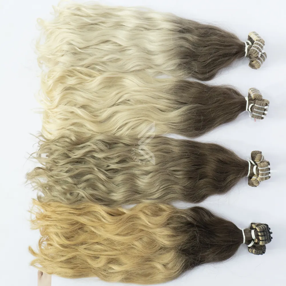 وصلات شعر بشري مطاطي خام بطول 40 بوصة شعر هندي طبيعي خفيف ومموج وشقراء