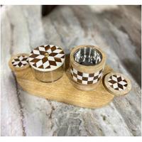 Ensemble brûleur d'encens Bakhoor artisanal en bois d'acacia avec incrustation de résine, écologique, pour aromathérapie, avec plateau et boîte, style arabe, pour Ramadan et Aïd