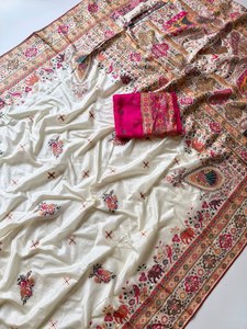 Sari de Seda Pashmina Pura Tejida en Gujarat, de Primera Calidad, Suave, con Borde Rajwadi Zari, Elegante, Teñido a Mano, Étnico, Clásico, de Secado Rápido y Sin Arrugas - Product Image 3