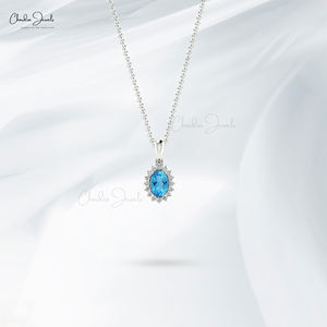 Envío Gratis: Colgante de Topacio Azul Suizo Natural de 6x4mm, Piedra de Nacimiento de Diciembre, con Halo de Diamantes Engastados en Oro Sólido de 14k, Venta al por Mayor - Product Image 4