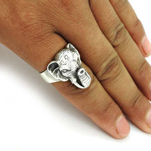 Antique Style 925 Sterling <b>Silver</b> Elephant Head <b>Ring</b> Hand Engraved Gothic Punk Style Oxidized Boho Jewelry For <b>Men</b> And Women - Product Image 2